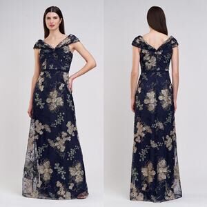 JS Collections Women 8 Camilla Twist Gown Navy Jade Blue Embroider Off Shoulder